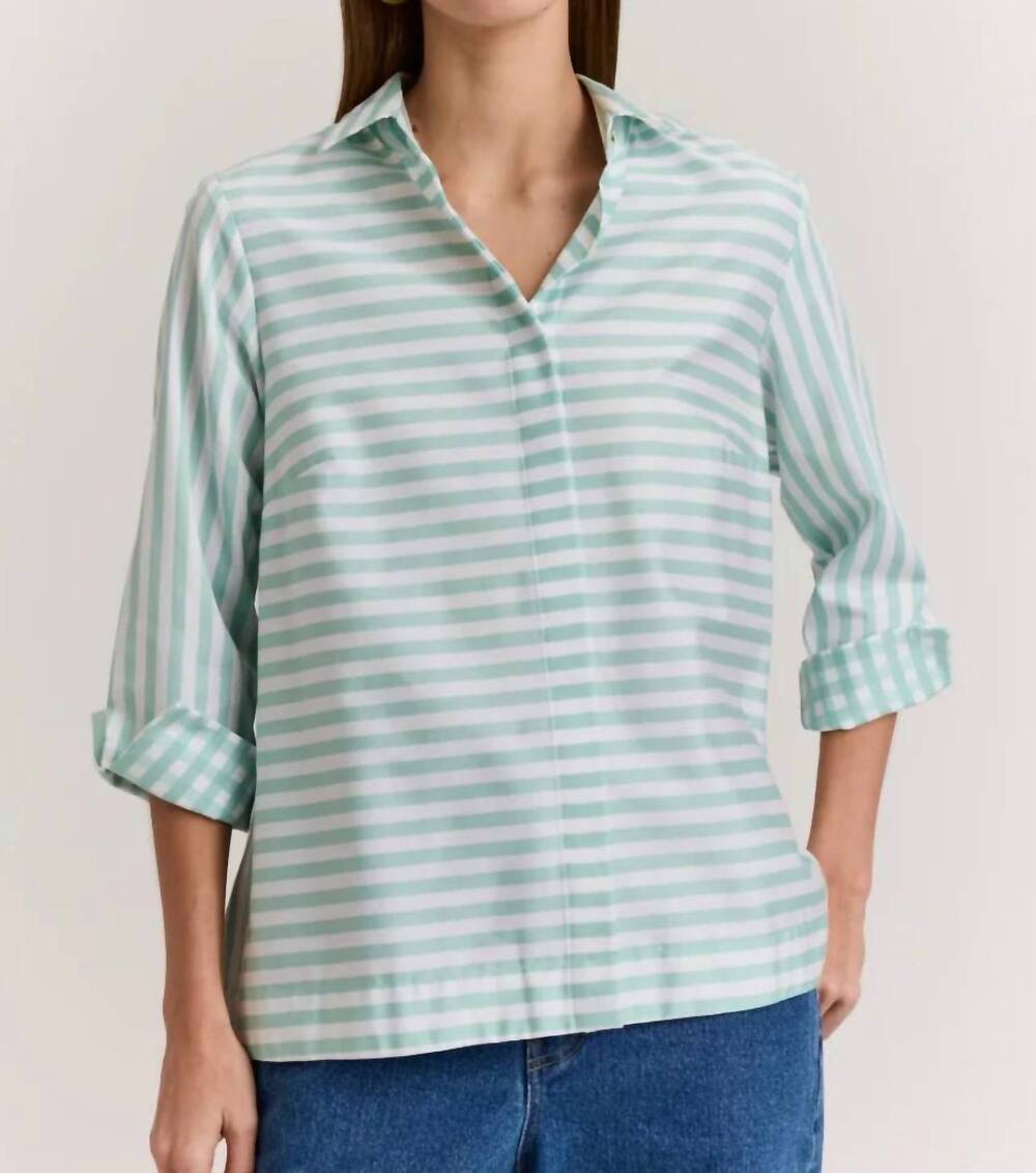 NEW HINSON WU xena 3/4 sleeve stripe/gingham combo shirt in sea glass/white